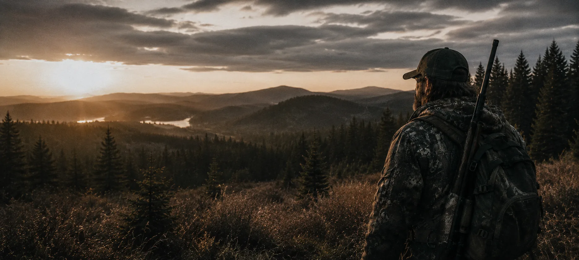 Hunter overlooking a misty mountain valley at sunrise
